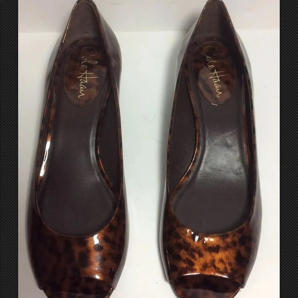 NWOB Cole Haan 8B Tortoise Patent Peep Toe Wedge